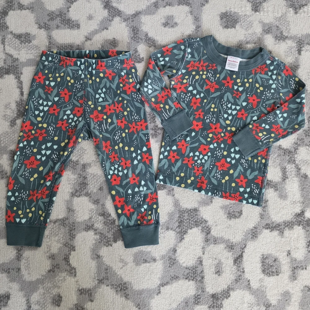 Hanna Andersson Long John Pajama Set Poinsettia Patch 100% Organic Cotton 2T